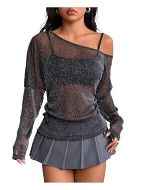 Women's Sparkly Mesh Long Sleeve Top Sequin Sheer Y2K Concert Tee
